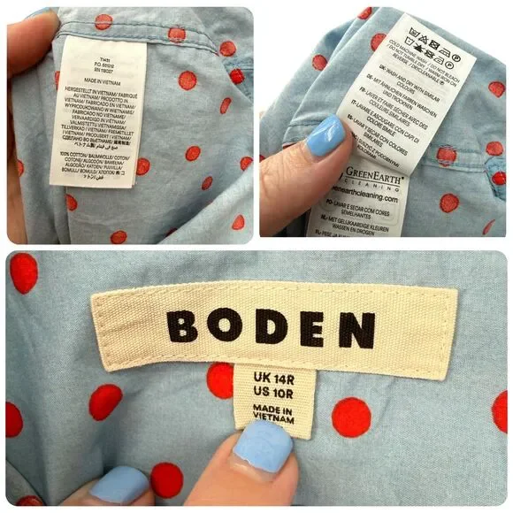 Boden Sienna Shirt 10 US Blue Red Polka Dot Button Up Cotton Classic Long Sleeve - Picture 13 of 13
